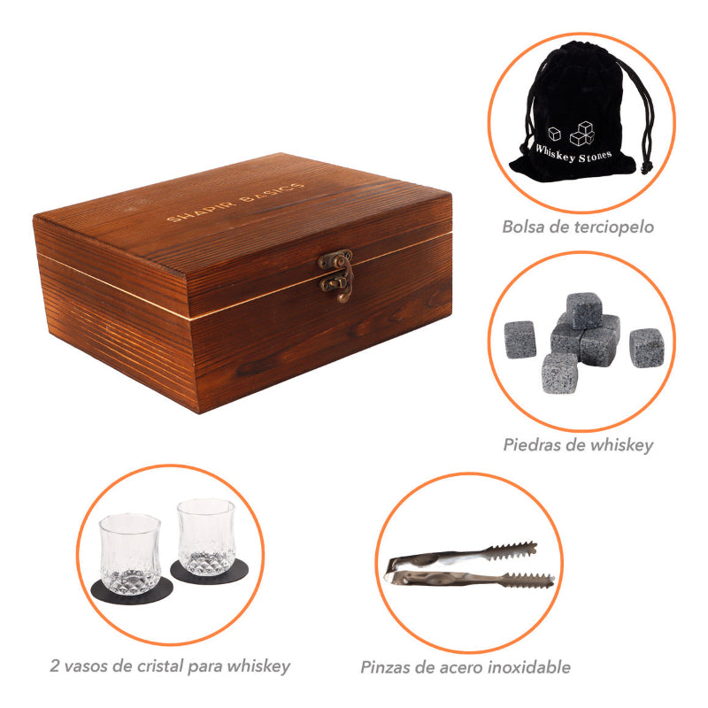 KIT PREMIUM DE WHISKY CON CAJA DE MADERA